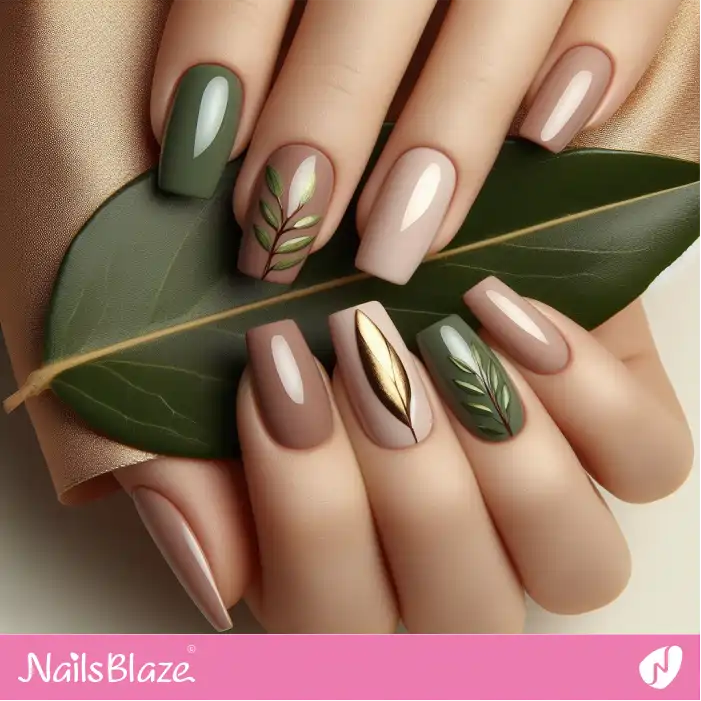 Minimal Nails with Olive Leaves | Nature-inspired Nails - NB1624